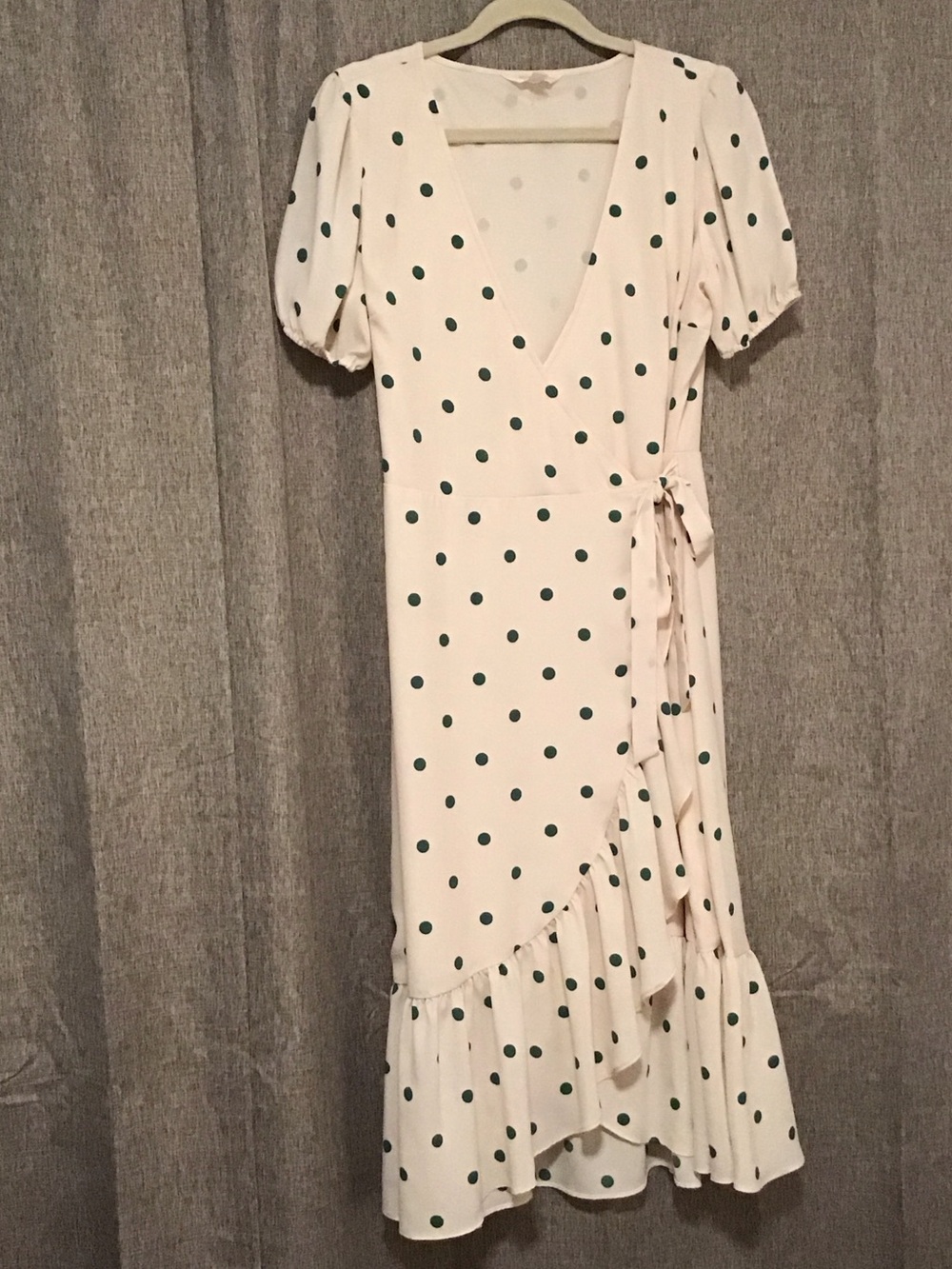 LC Lauren Conrad Cream Wrap Midi Dress with Green Polka Dots